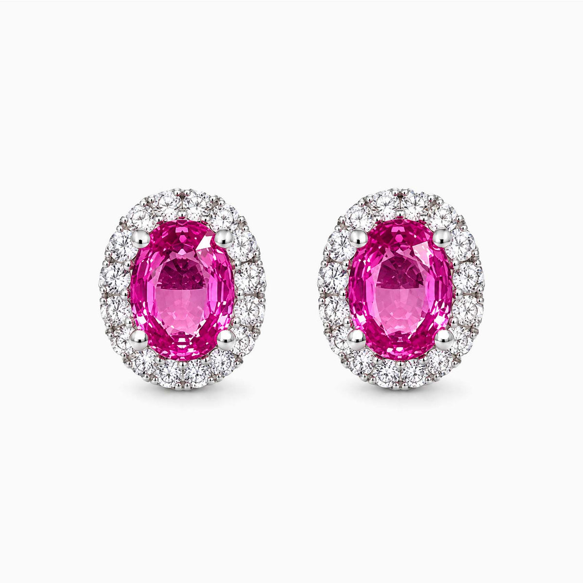 one of a kind 0.91ct pink ruby diamond halo earrings in 18k white gold