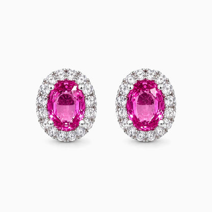 one of a kind 0.91ct pink ruby diamond halo earrings in 18k white gold