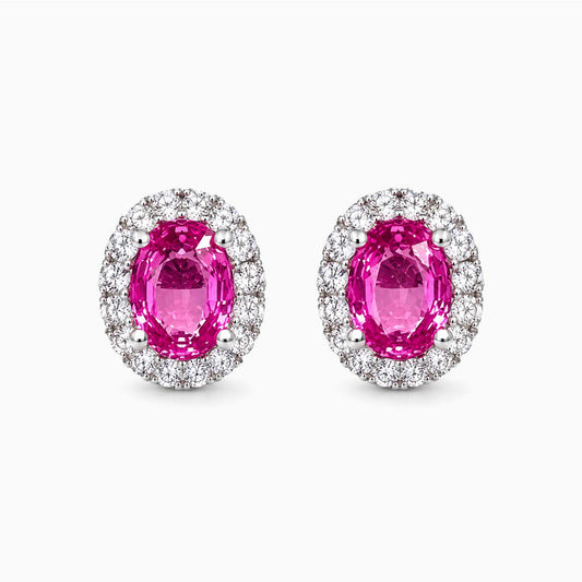 one of a kind 0.91ct pink ruby diamond halo earrings in 18k white gold