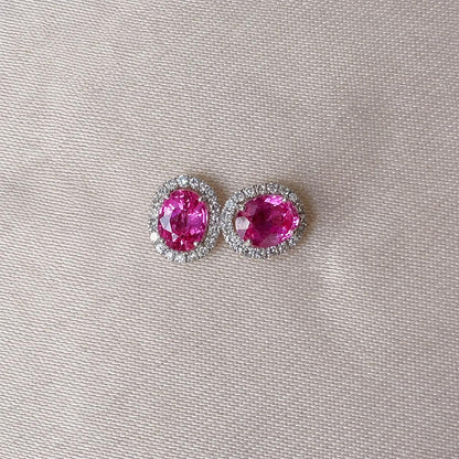 one of a kind 0.91ct pink ruby diamond halo earrings in 18k white gold