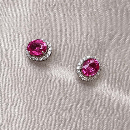 one of a kind 0.91ct pink ruby diamond halo earrings in 18k white gold zoom in