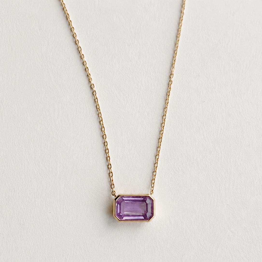 ooak bezel set purple sapphire necklace in 18k gold
