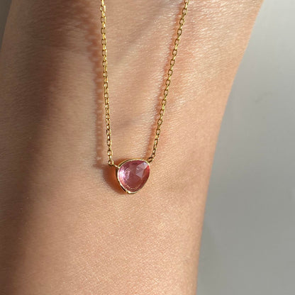 love more pink sapphire necklace 18k gold on neck