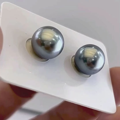 12mm grey tahitian pearl earrings in 18k white gold video