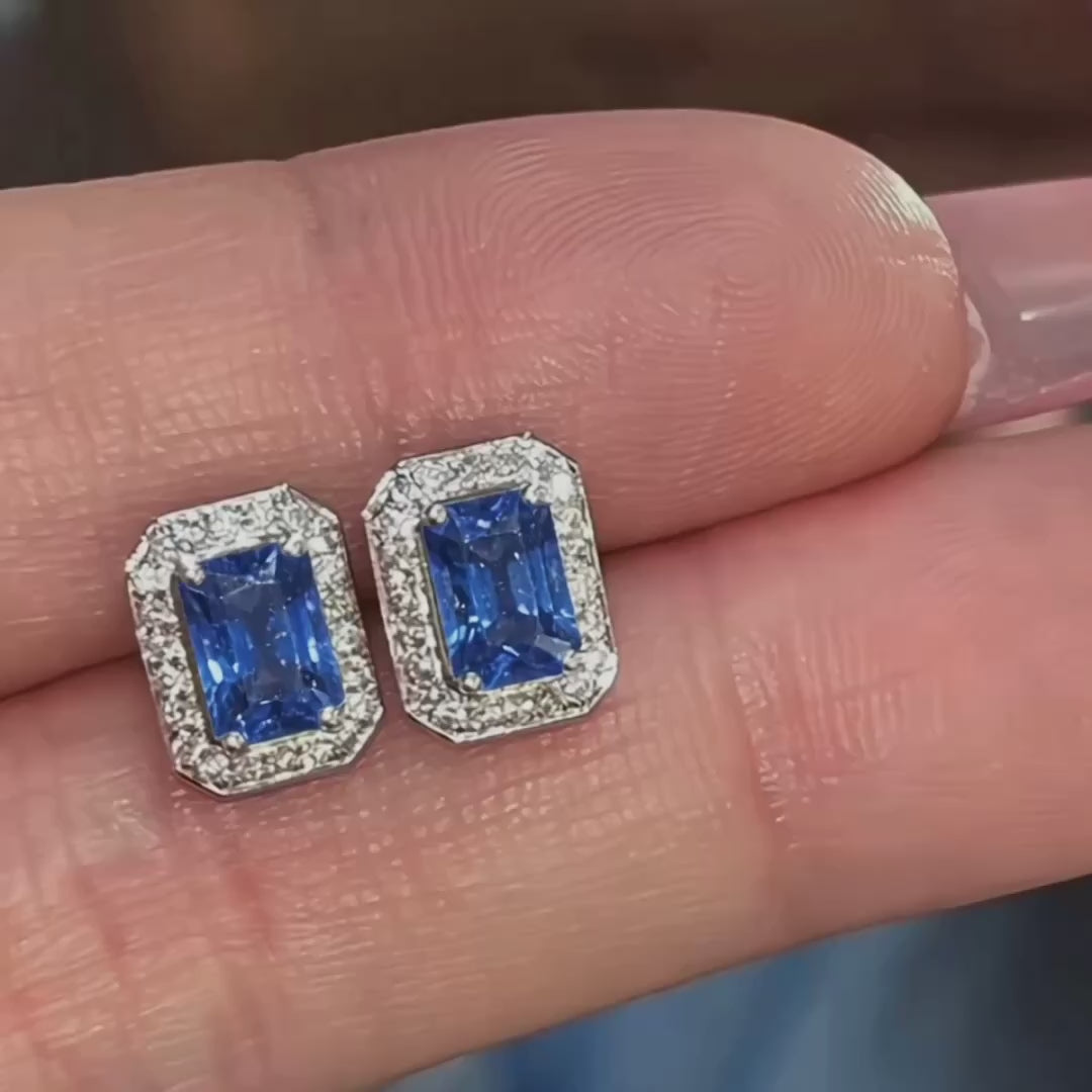 one of a kind sapphire earrings with diamond halo 18k white gold video