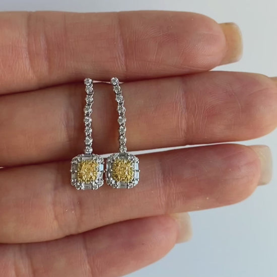 yellow diamond emerald shape earrings in 18k white gold video