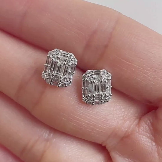 emerald shaped diamond earrings 18k white gold video