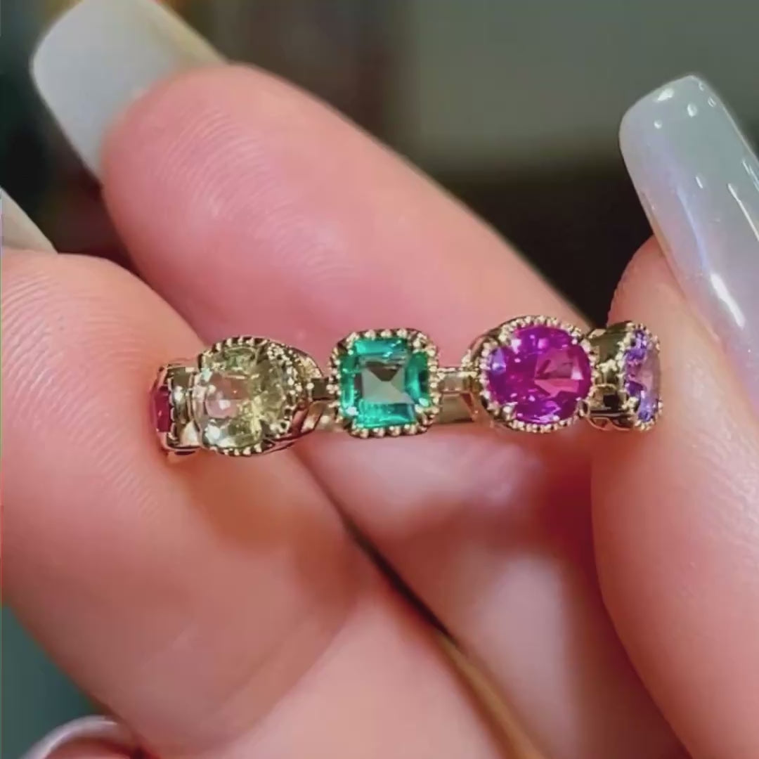 mixed cut colored gemstones ring in 18k gold video