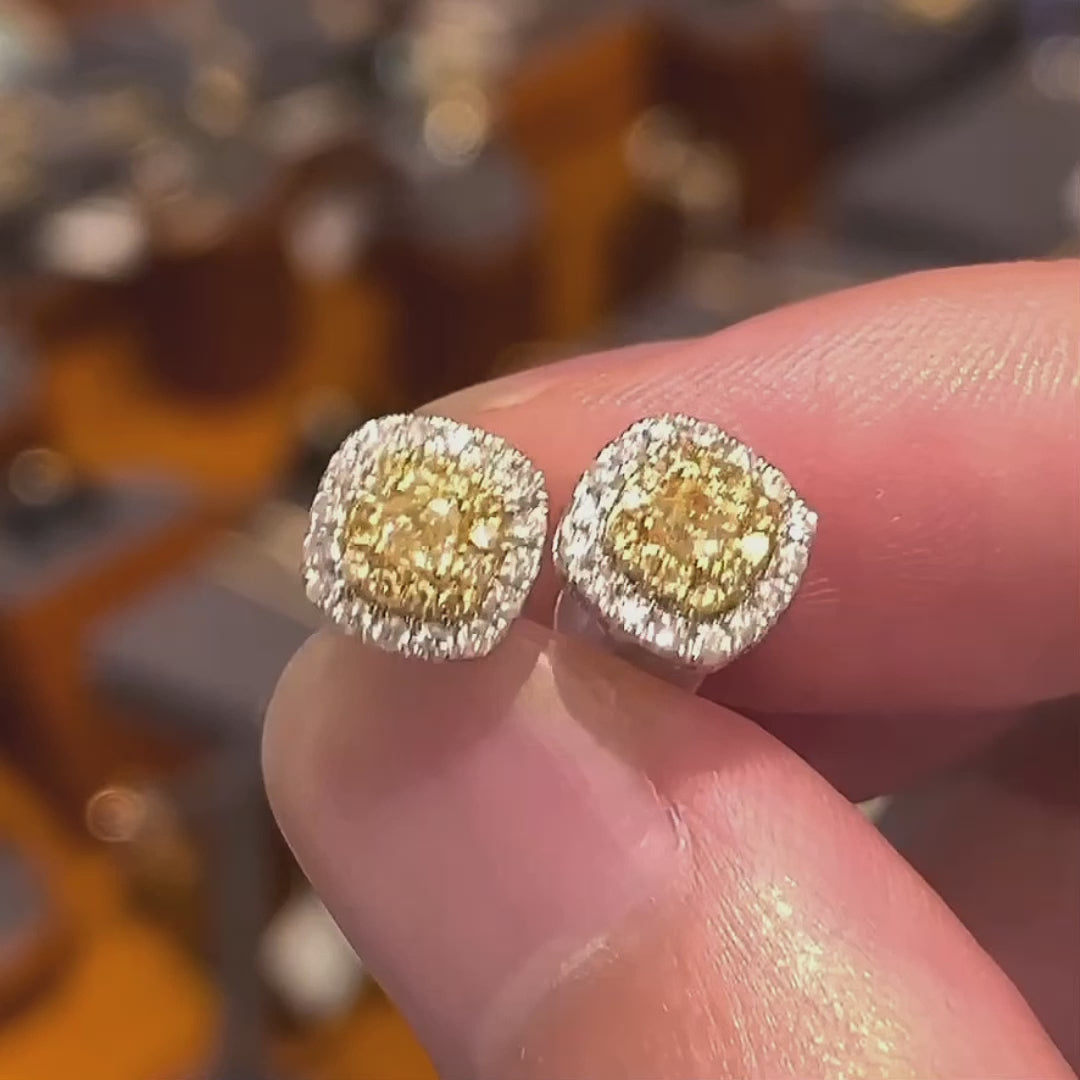 yellow diamond cushion earrings 18k white gold video