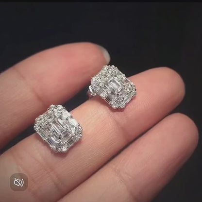 emerald shaped diamond earrings 18k white gold video