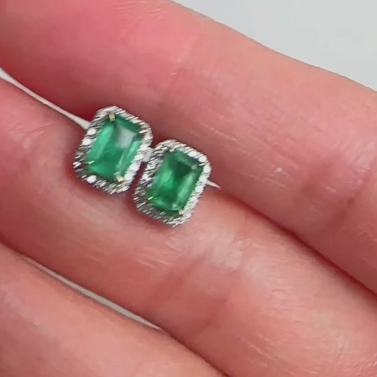 emerald earrings diamond halo in 18k white gold  video