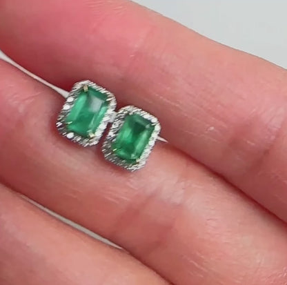 emerald earrings diamond halo in 18k white gold  video