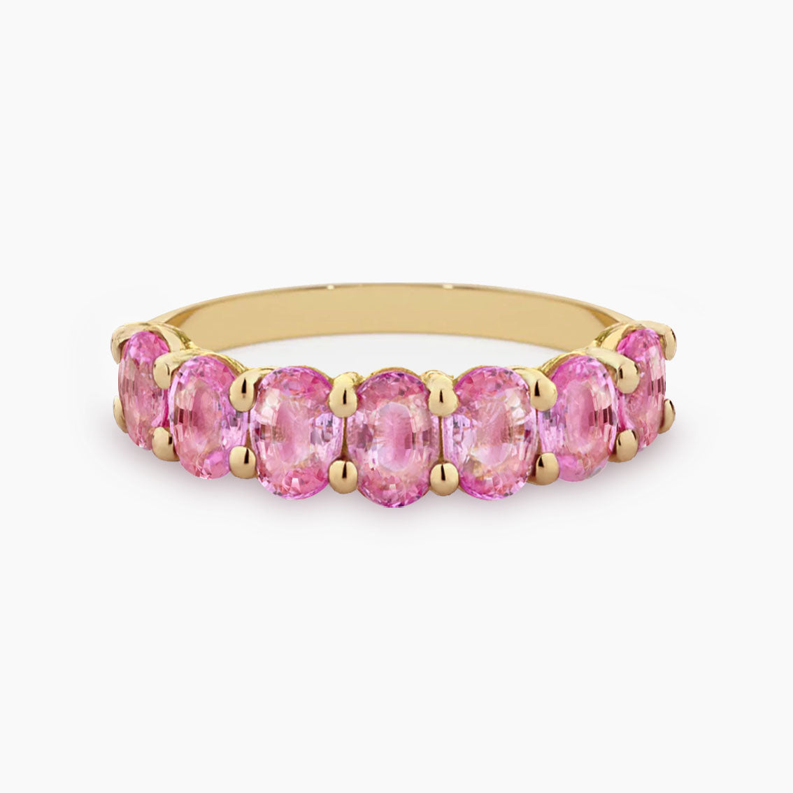 seven stone oval pink sapphire ring in 18k gold