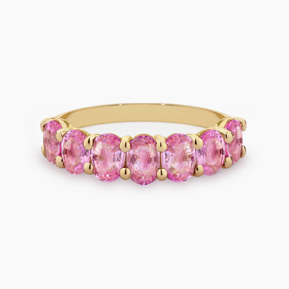 seven stone oval pink sapphire ring in 18k gold