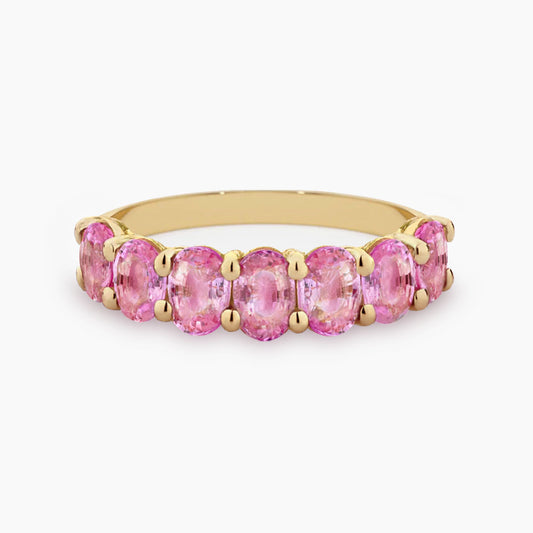 seven stone oval pink sapphire ring in 18k gold