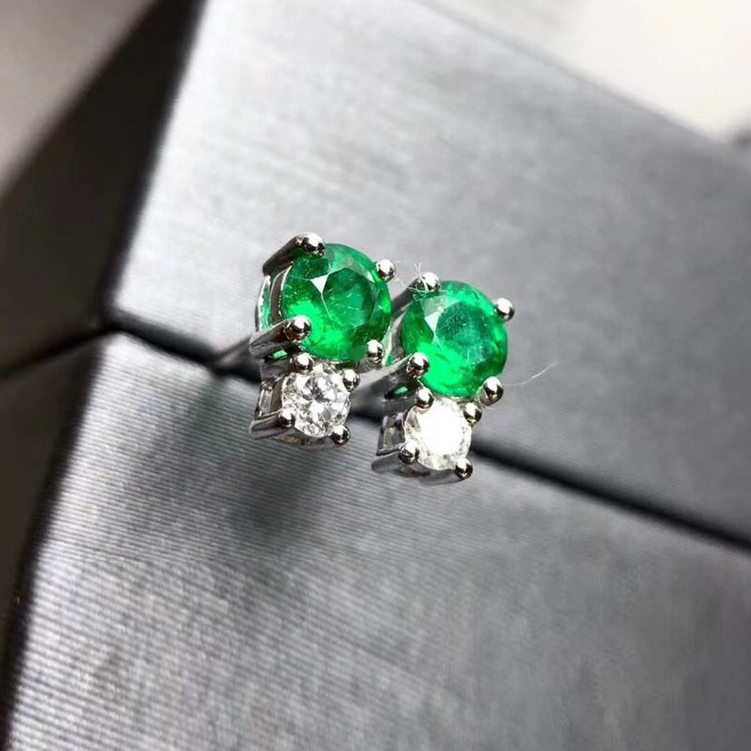 single tulip round emerald diamond earrings 18k white gold