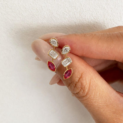 teide fancy cut diamonds and ruby bezel earrings in 18k gold