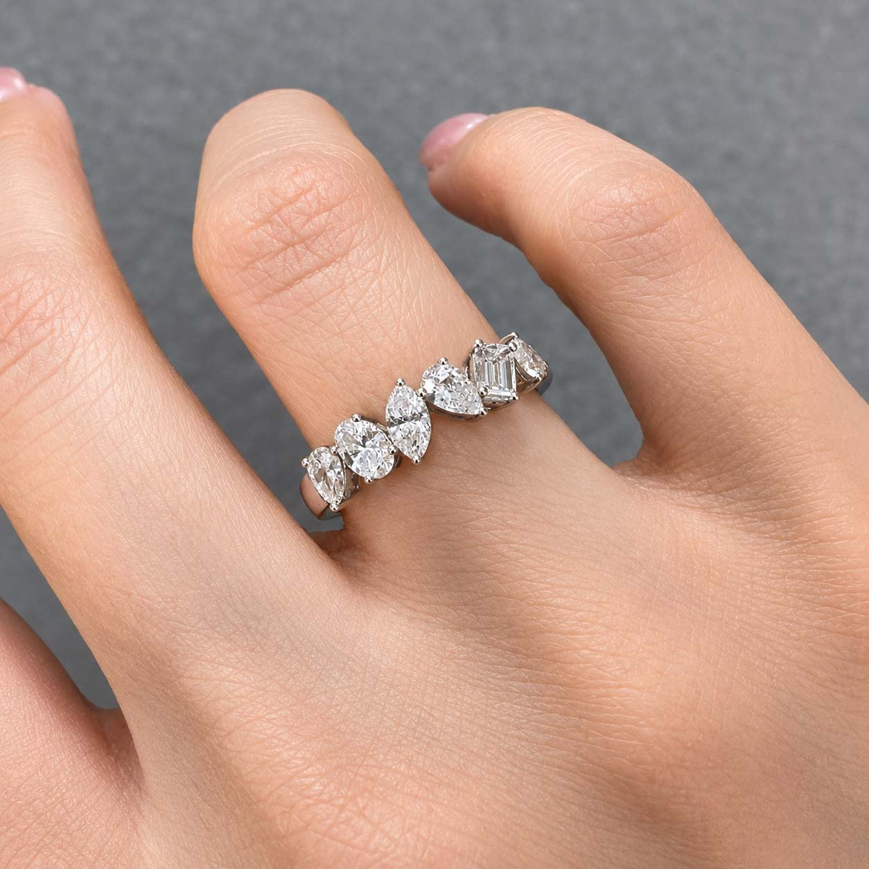 teide fancy cut diamond ring in 18k white gold on finger