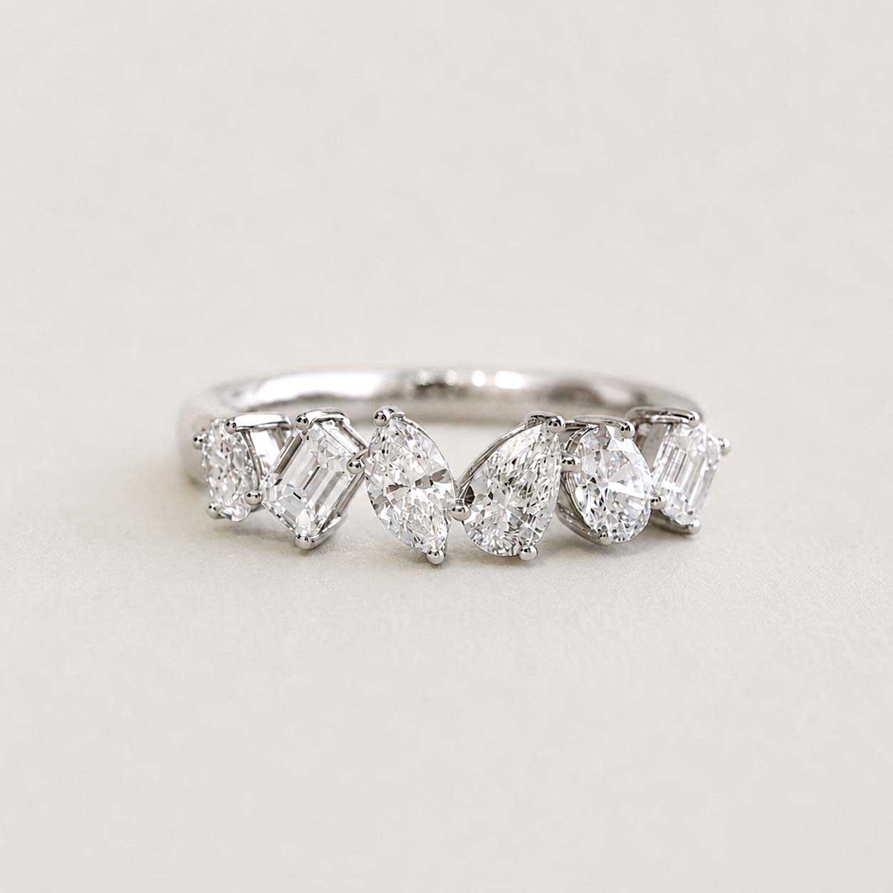 teide fancy cut diamond ring in 18k white gold on table