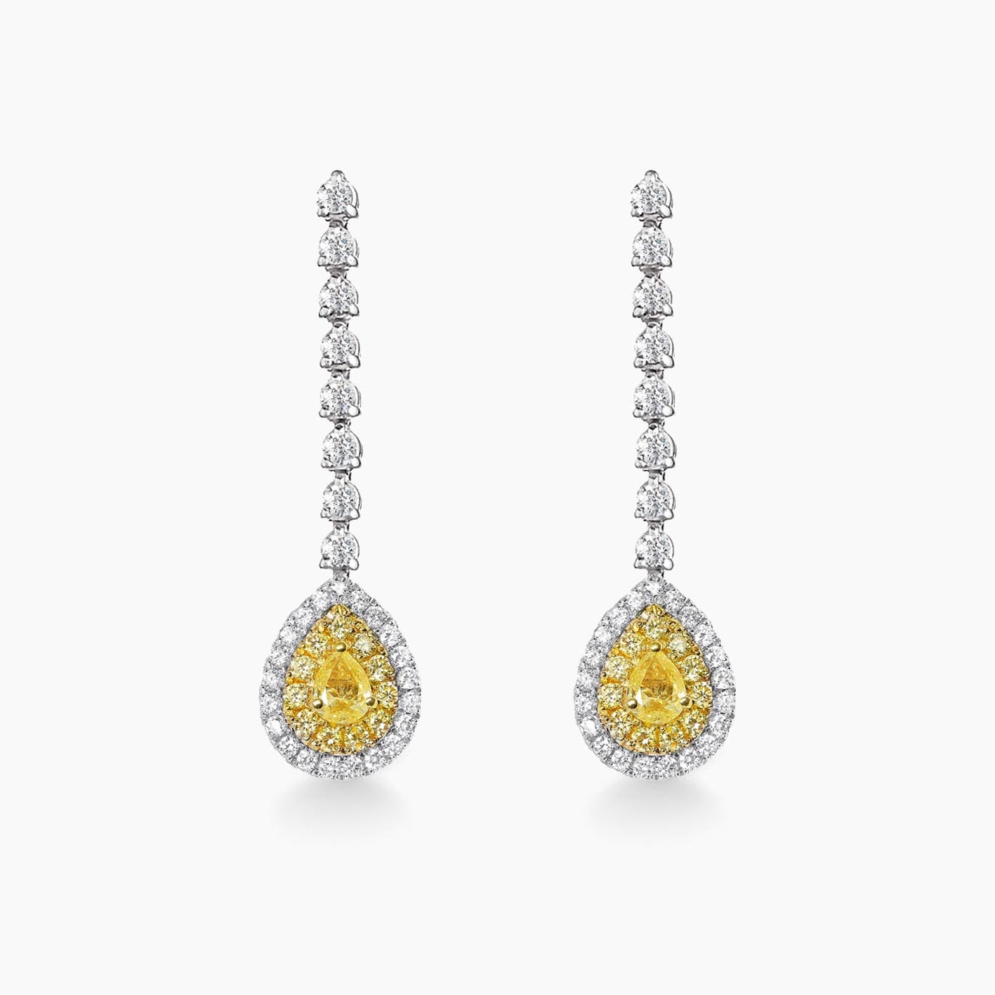 yellow diamond pear earrings in 18k white gold