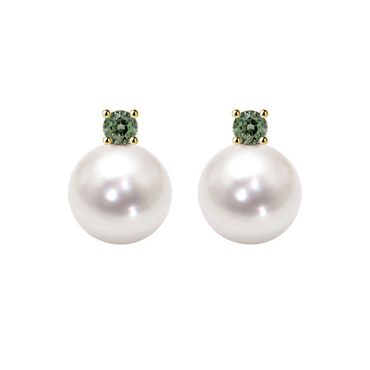 akoya pearl green tourmaline earrings 18k gold